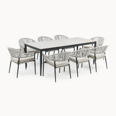 Daisy 8 Seat Rope Aluminium Dining Set - Rectangular Table in Cloudy Grey