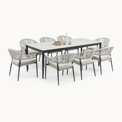 Daisy 8 Seat Rope Aluminium Dining Set - Rectangular Table in Cloudy Grey