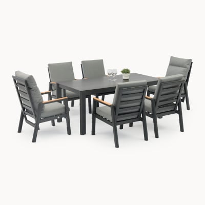 Isaac 6 Seat Aluminium Wood Dining Set - Rectangular Table in Graphite Grey