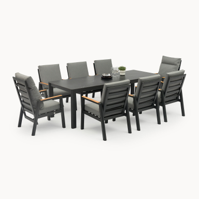 Isaac 8 Seat Aluminium Wood Dining Set - Rectangular Table in Graphite Grey