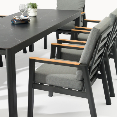 Isaac 8 Seat Aluminium Wood Dining Set - Rectangular Table in Graphite Grey