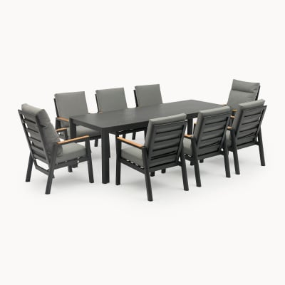 Isaac 8 Seat Aluminium Wood Dining Set - Rectangular Table in Graphite Grey