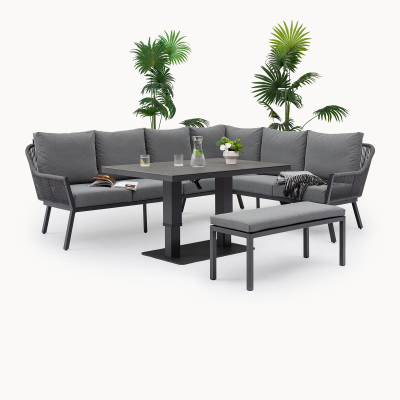 Darcey L-Shaped Corner Rope Aluminium Lounge Dining Set with Bench - Right Handed Rising Table in Heron Grey