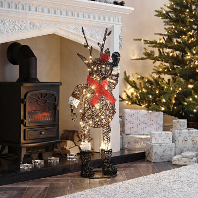 Rattan LED Waving Rudolph Reindeer Figure in Brown