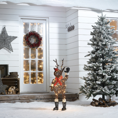 Rattan LED Waving Rudolph Reindeer Figure in Brown