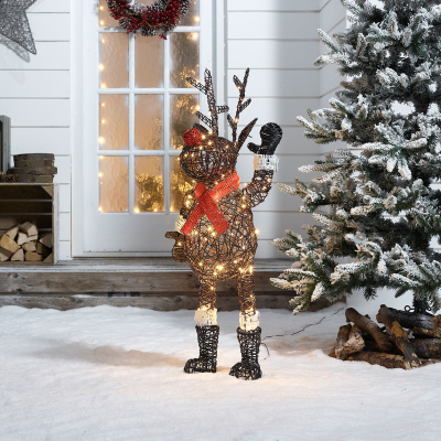 Rattan LED Waving Rudolph Reindeer Figure in Brown