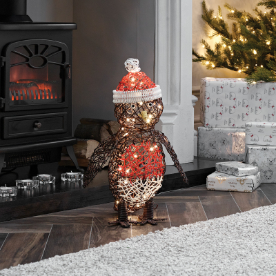 Rattan LED Holly Robin Figure in Brown