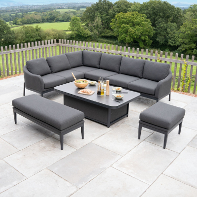 Duke L-Shaped Corner All Weather Fabric Aluminium Lounge Dining Set with Benches - Left Handed Rising Table in Charcoal Grey