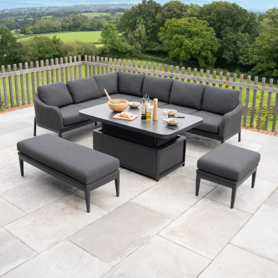 Duke L-Shaped Corner All Weather Fabric Aluminium Lounge Dining Set with Benches - Left Handed Rising Table in Charcoal Grey