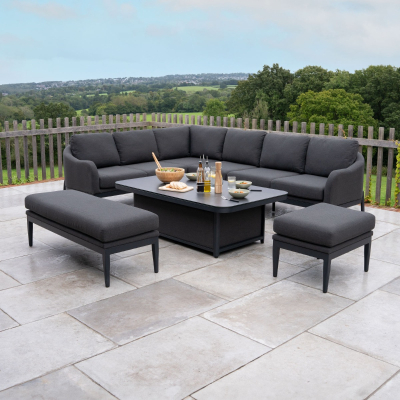 Duke L-Shaped Corner All Weather Fabric Aluminium Lounge Dining Set with Benches - Left Handed Rising Table in Charcoal Grey