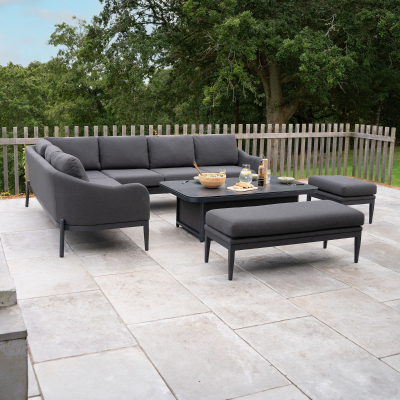 Duke L-Shaped Corner All Weather Fabric Aluminium Lounge Dining Set with Benches - Left Handed Rising Table in Charcoal Grey