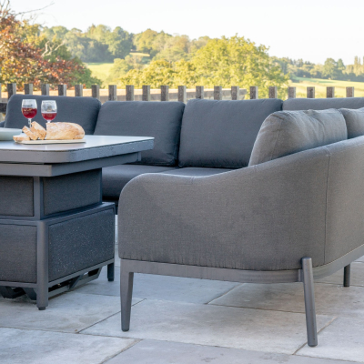 Duke L-Shaped Corner All Weather Fabric Aluminium Lounge Dining Set with Armchair and Bench - Right Handed Rising Extending Table in Charcoal Grey