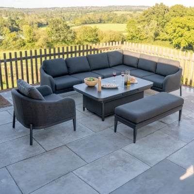 Duke L-Shaped Corner All Weather Fabric Aluminium Lounge Dining Set with Armchair and Bench - Right Handed Rising Extending Table in Charcoal Grey