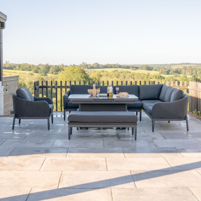 Duke L-Shaped Corner All Weather Fabric Aluminium Lounge Dining Set with Armchair and Bench - Right Handed Rising Extending Table in Charcoal Grey