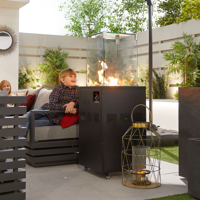 Piza Pillar Aluminium Gas Fire Pit Tower with Windguard in Graphite Grey