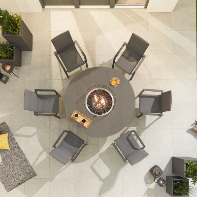 Roma 6 Seat Aluminium Dining Set - Round Gas Fire Pit Table in Graphite Grey