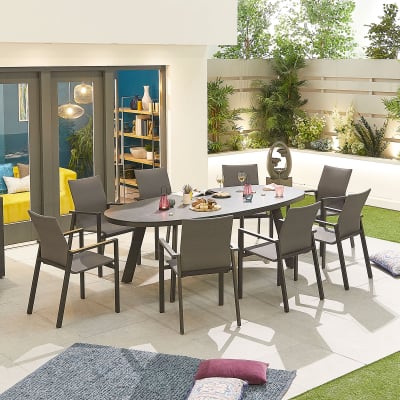 Roma 8 Seat Aluminium Dining Set - Oval Table in Graphite Grey