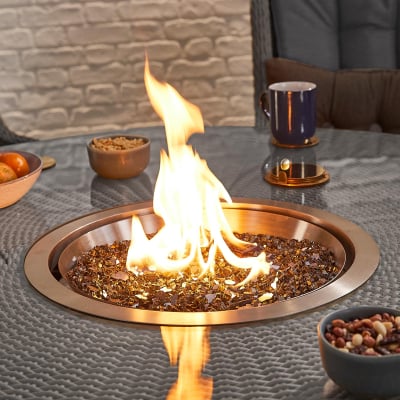 Thalia 6 Seat Rattan Dining Set - Round Gas Fire Pit Table in Slate Grey