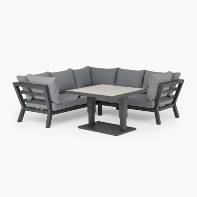 Emerson Compact Corner Aluminium Lounge Dining Set with 2 Benches - Adjustable Rising Table in Graphite Grey