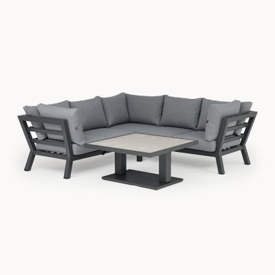 Emerson Compact Corner Aluminium Lounge Dining Set with 2 Benches - Adjustable Rising Table in Graphite Grey