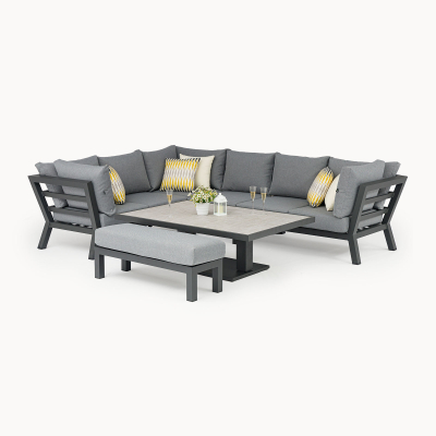 Emerson L-Shaped Corner Aluminium Lounge Dining Set with Bench - Adjustable Rising Table in Graphite Grey