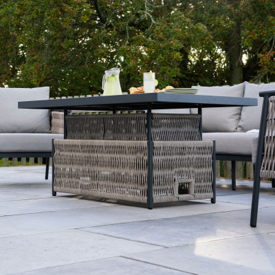 Sophia 3 Seater Rattan Aluminium Lounge Dining Set with 2 Armchairs - Rising Table in Mottled Grey