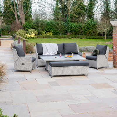 Talia 3 Seater Grande Rattan Lounge Dining Set with 2 Reclining Armchairs and Bench - Rising Gas Fire Pit Table in White Wash
