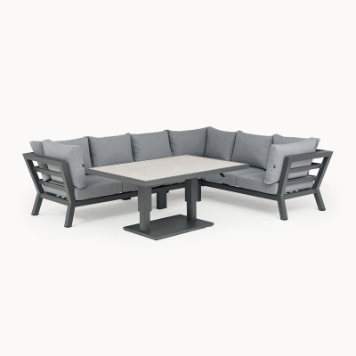 Emerson L-Shaped Corner Aluminium Lounge Dining Set with Bench - Right Handed Adjustable Rising Table in Graphite Grey