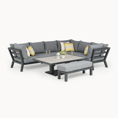 Emerson L-Shaped Corner Aluminium Lounge Dining Set with Bench - Right Handed Adjustable Rising Table in Graphite Grey