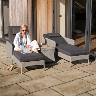 Emily Rattan Sun Lounger Set of 2 and Side Table in Moon Grey