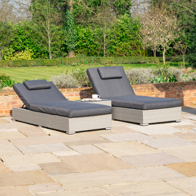 Chelsea Rattan Sun Lounger Set of 2 and Side Table in Moon Grey
