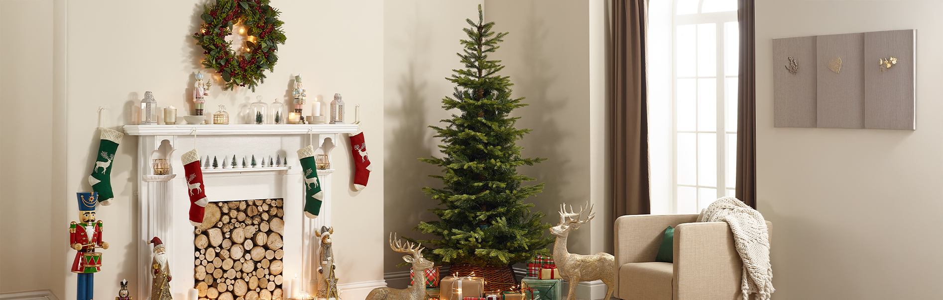 Calgary Fir Green Slim Christmas Tree in corner of a living room with fire place, stocking and nutcrackers.