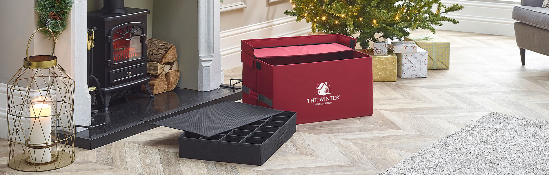 Red ornament storage box with individual compartments.