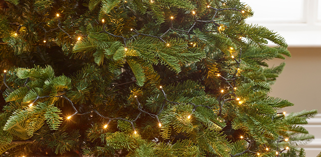 Christmas string lughts on a slim green Christmas tree