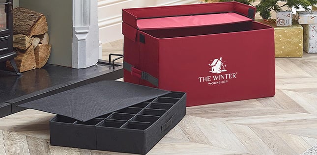 Red christmas ornament stroage chest with individual compartments