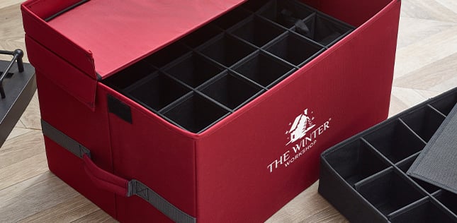 Red ornament storage box with individual compartments